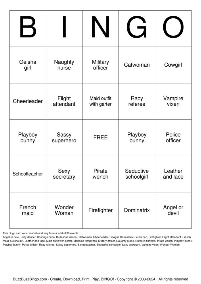 Download Free Kinky Costumes Bingo Cards