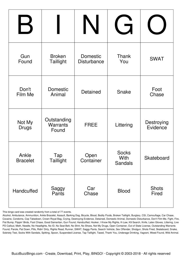 LIVE PD Bingo Cards to Download, Print and Customize!
