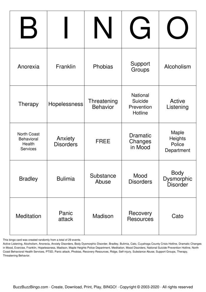 Mental Health Bingo Bingo Cards to Download, Print and Customize!