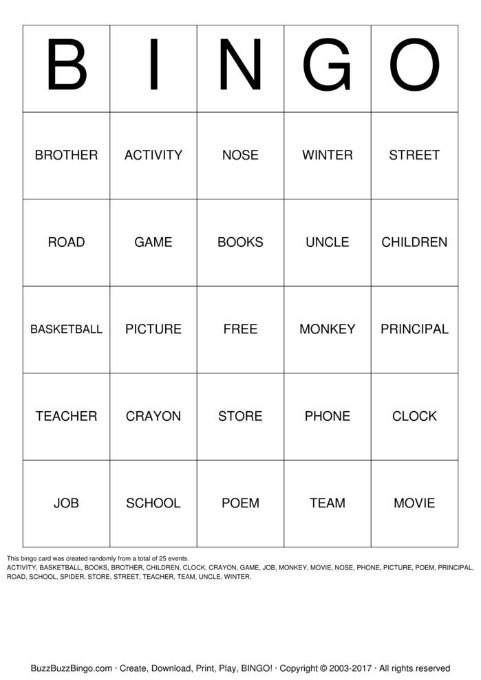 NOUN Bingo Cards to Download, Print and Customize!