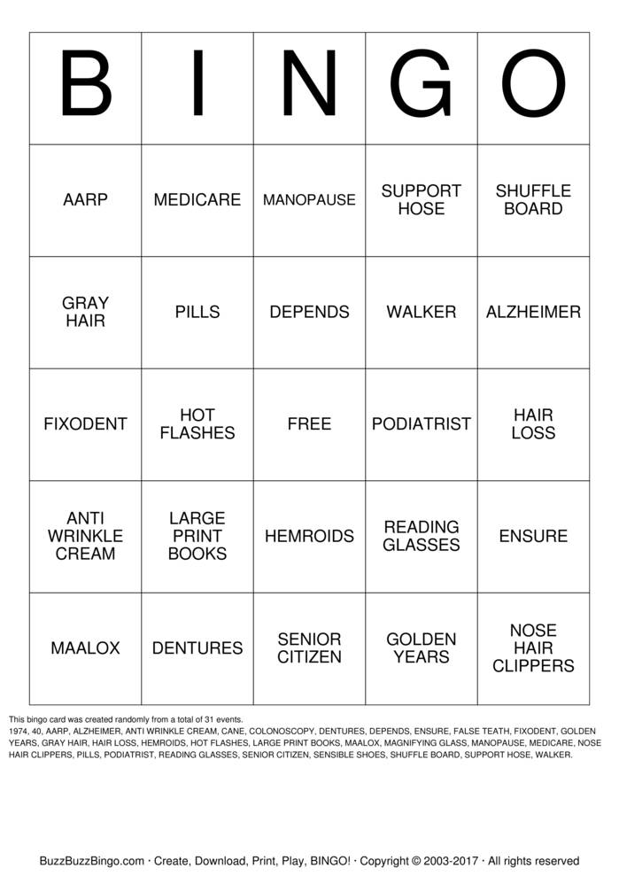 OVER THE HILL Bingo Cards to Download, Print and Customize!
