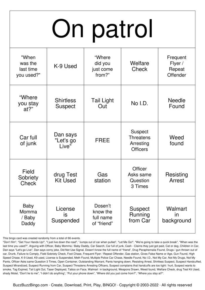 Download Free On patrol Bingo Cards