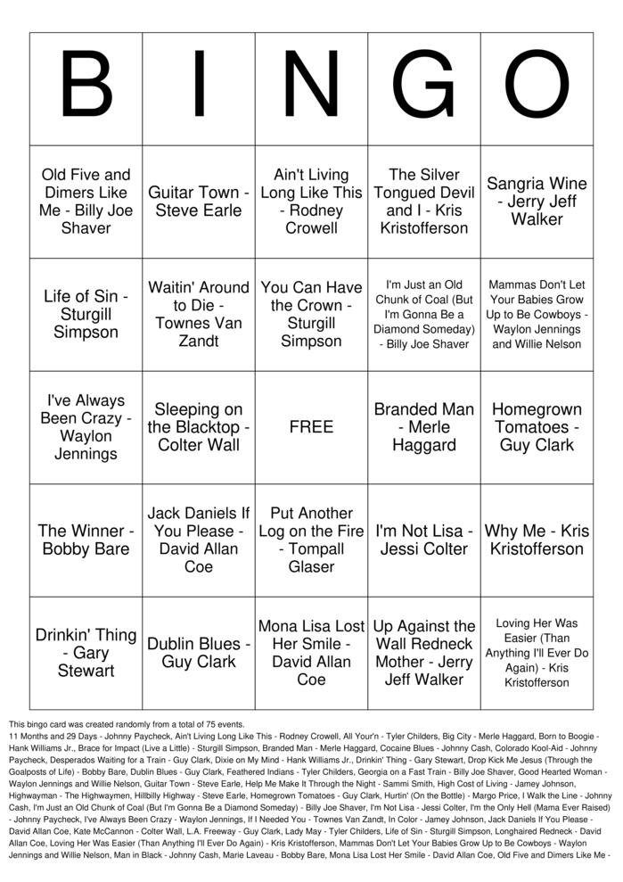 Download Free Outlaw Country Bingo Cards