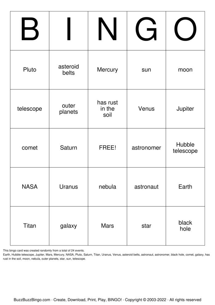 Planet Bingo Bingo Cards to Download, Print and Customize!