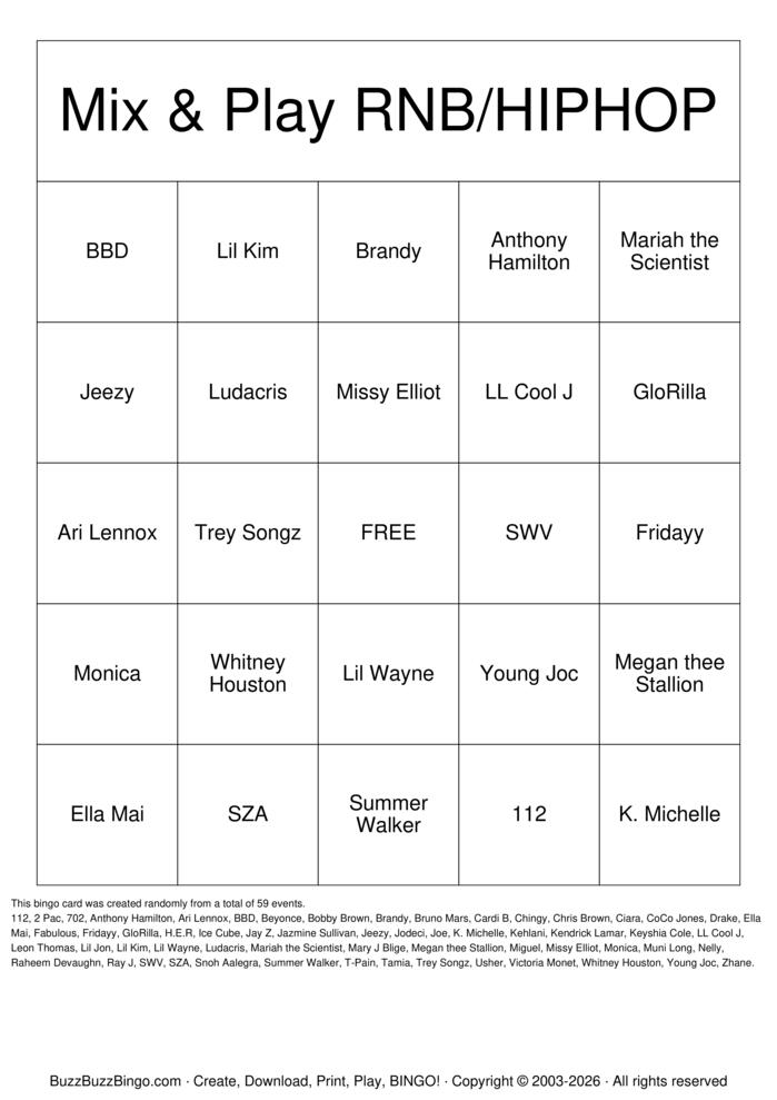 Download Free R&B and Hiphop Bingo Cards
