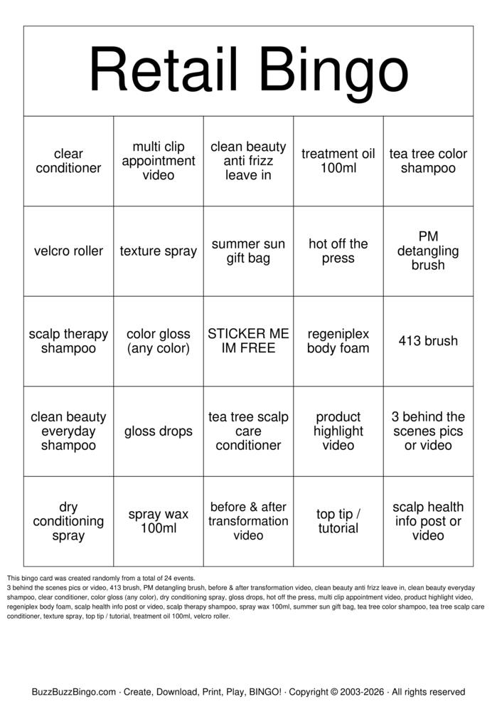 Download Free Retail  Bingo Cards
