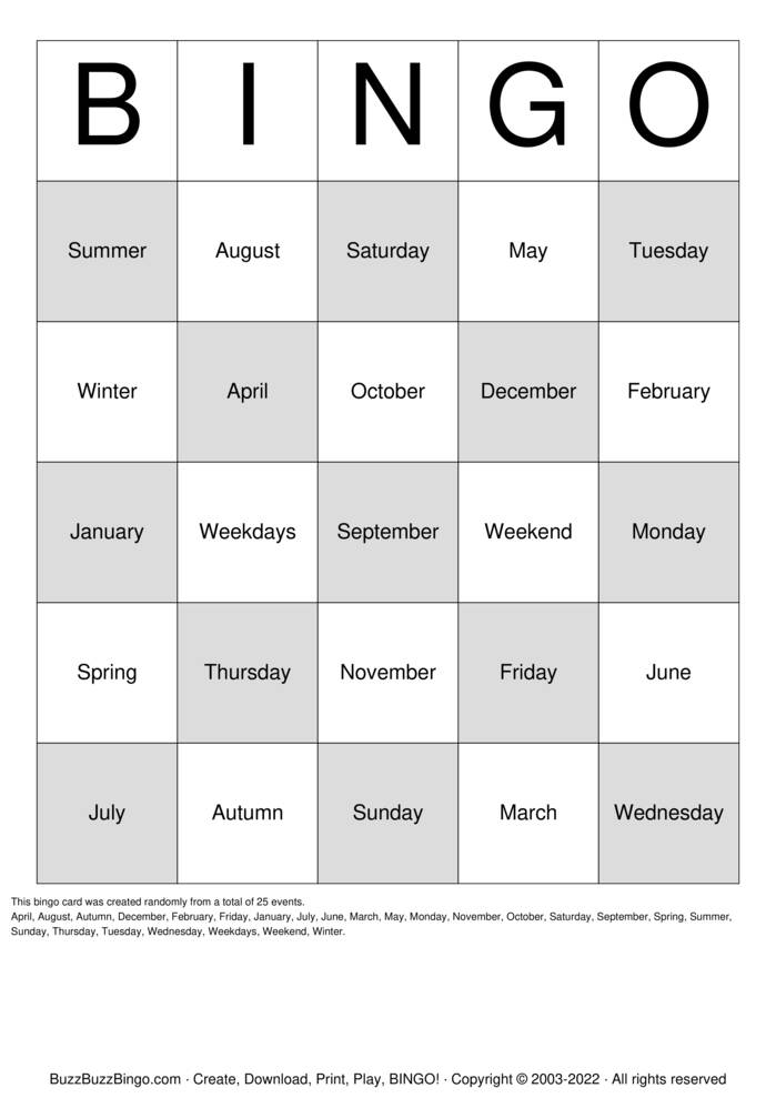 Download Free Seasons, Months, and Days Bingo Cards