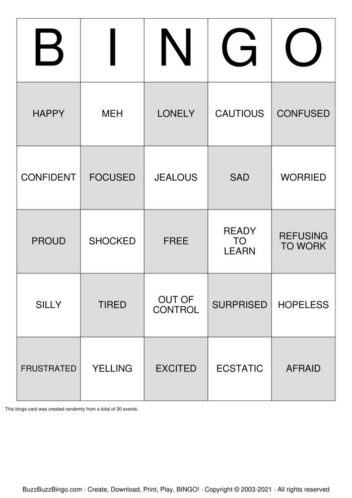 Social Skills- Feelings Bingo Cards to Download, Print and Customize!