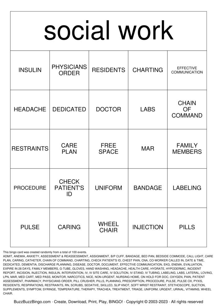 Download Free social work Bingo Cards