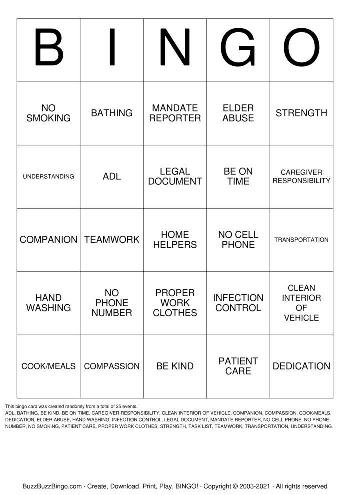 Download Free CAREGIVER Bingo Cards