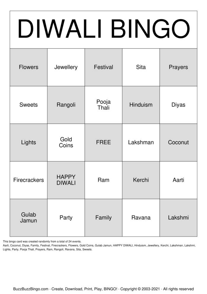 DIWALI BINGO FOR KIDS Bingo Cards to Download, Print and Customize!