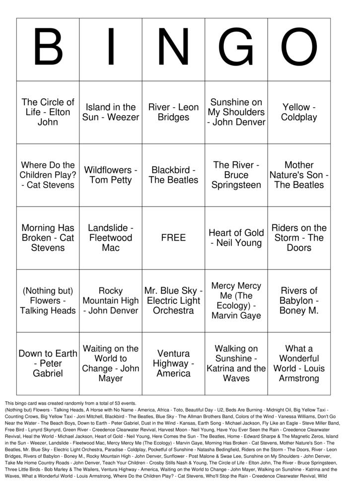 Download Free Earth Day Nature Songs Bingo Cards