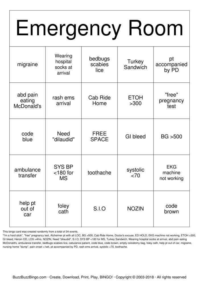Download Free Emergency Room Bingo Cards