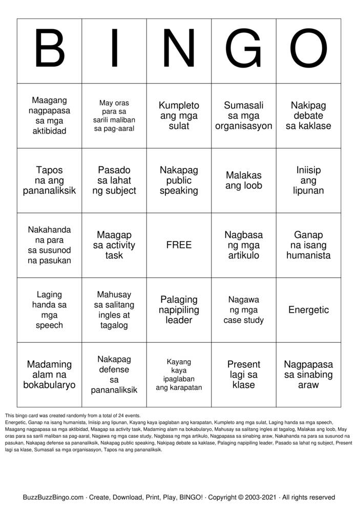 Download Free HUMSS BINGO Bingo Cards