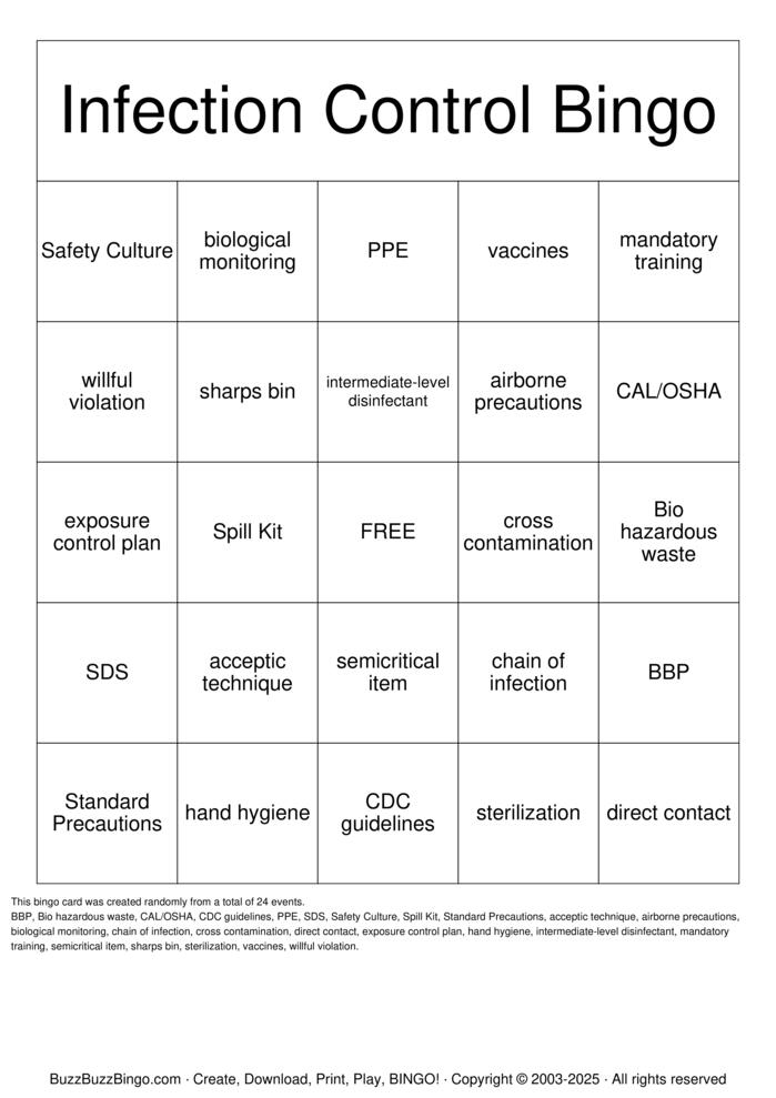 Download Free Infection Control Bingo Bingo Cards