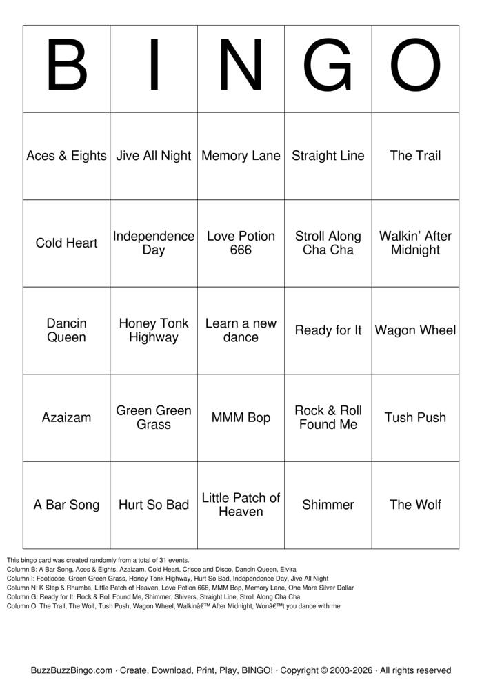 Download Free LINE DANCE BINGO Bingo Cards