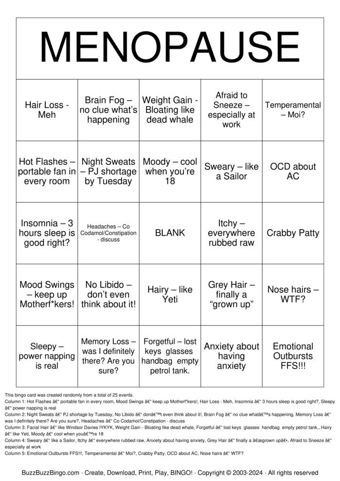 Download Free Menopause Bingo Cards