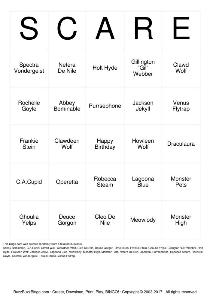 Monster High BINGO Bingo Cards to Download, Print and Customize!