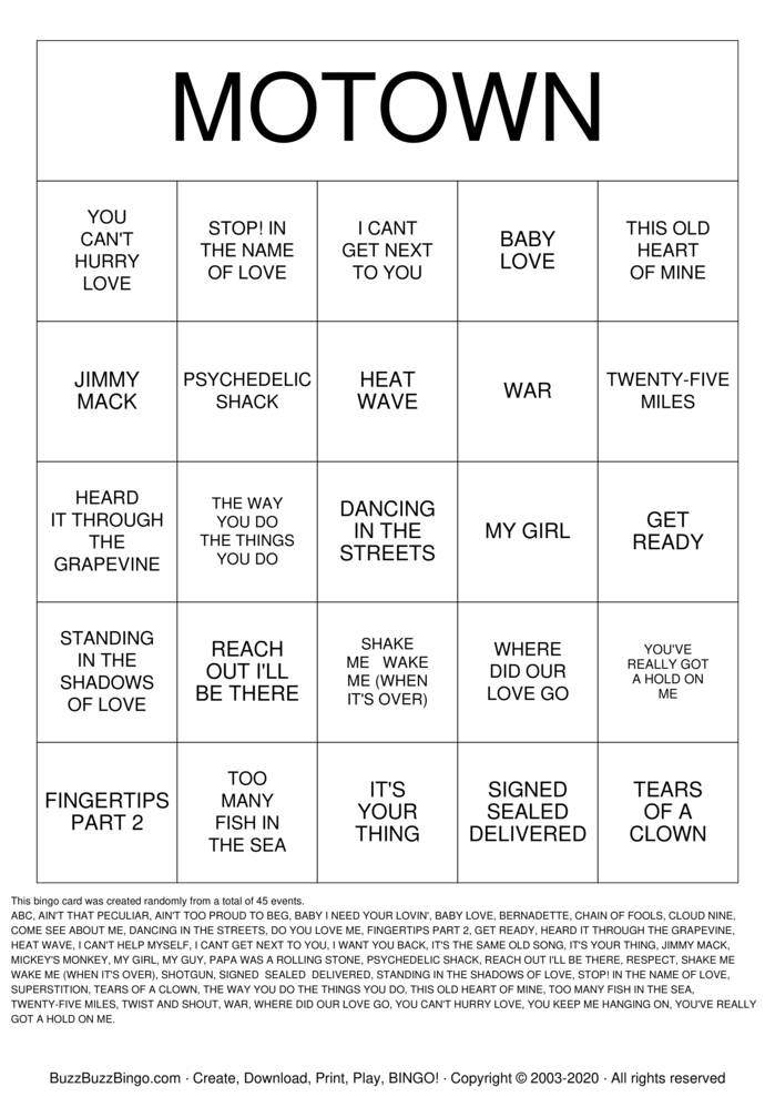 Download Free Motown  Bingo Cards