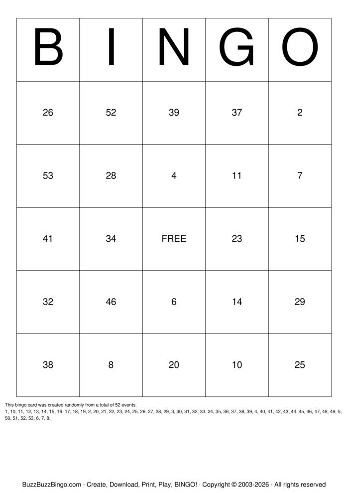 Download Free Numbers 1-52 Bingo Cards