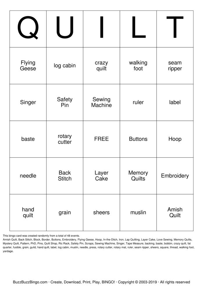 QUILT Bingo Cards to Download, Print and Customize!