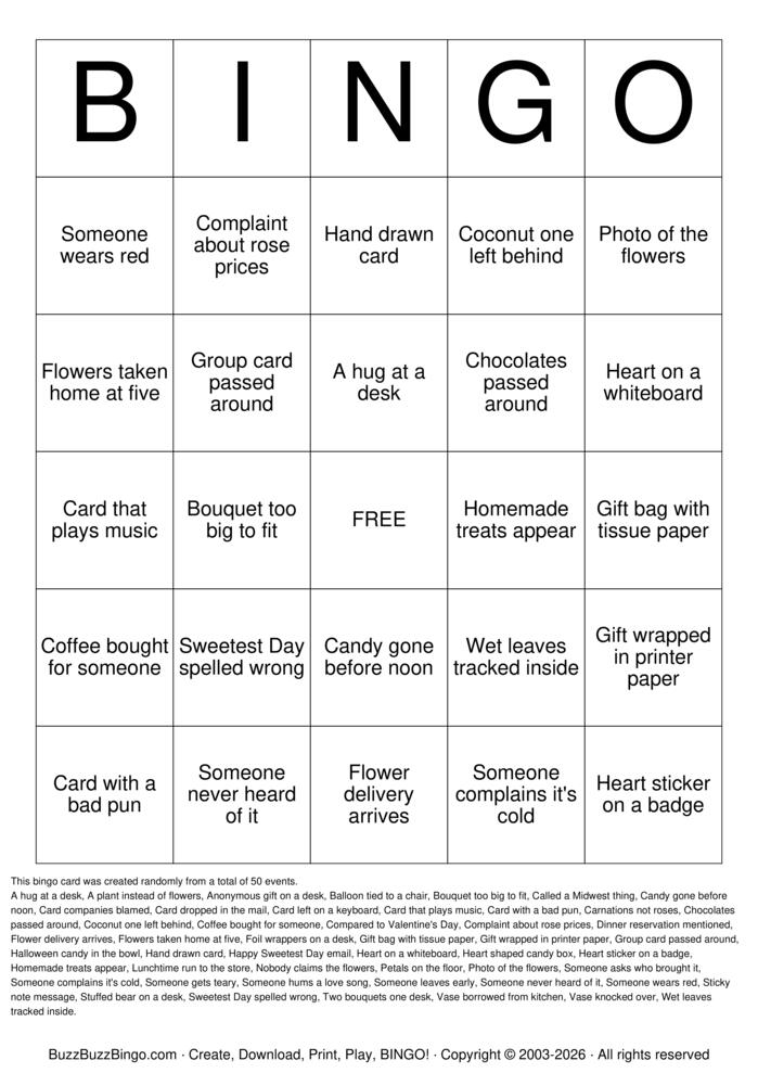 Download Free Sweetest Day Bingo Cards