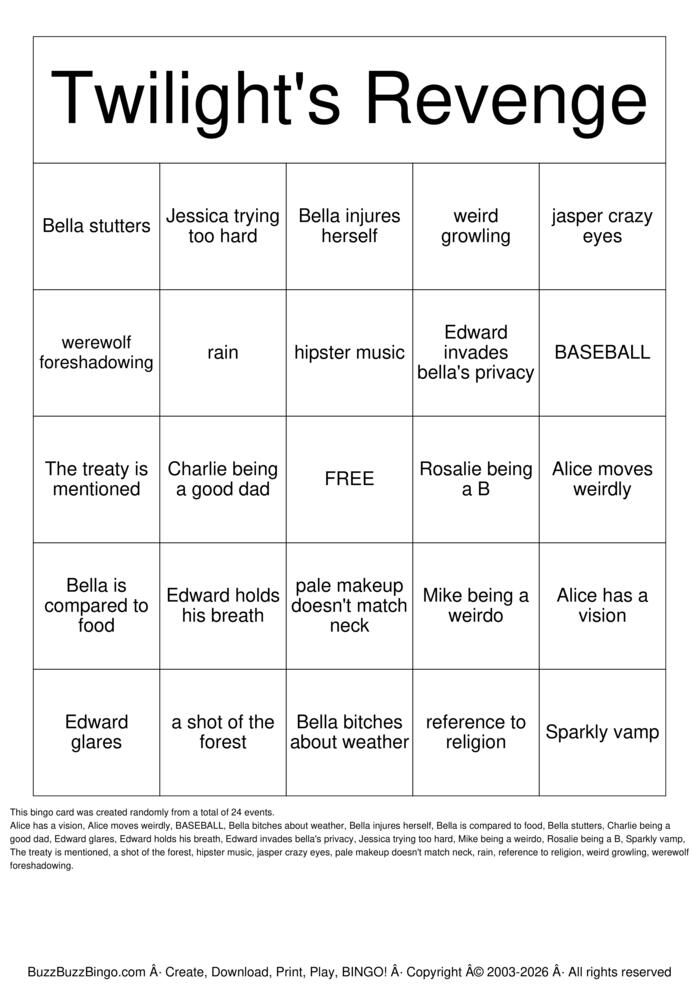 Download Free TWILIGHT BINGO Bingo Cards
