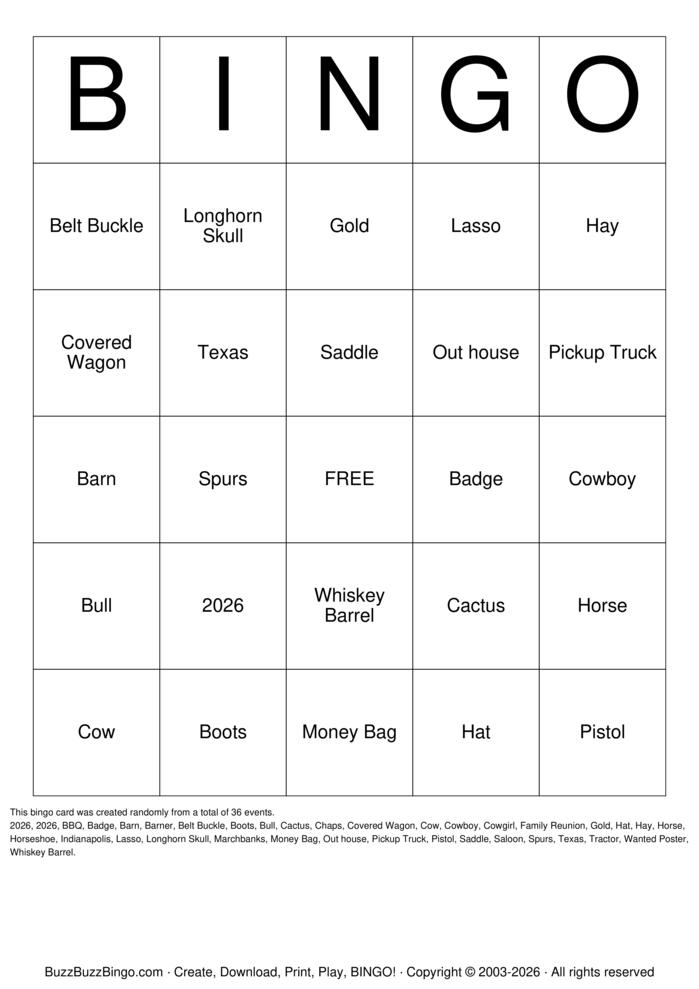 WESTERN Bingo Cards to Download, Print and Customize!