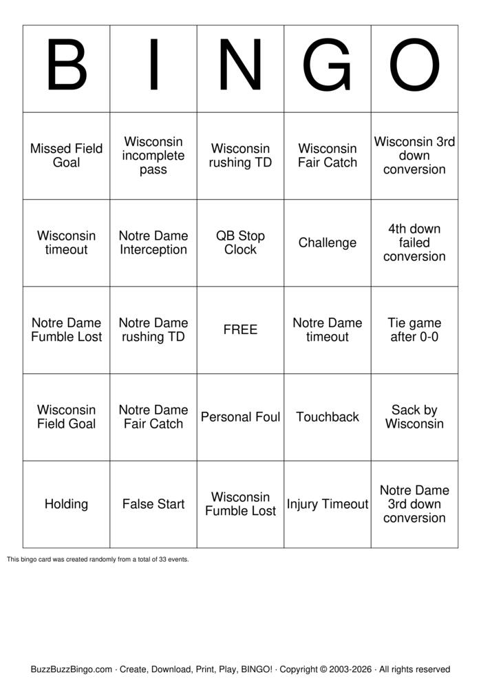 Download Free Wisconsin vs Notre Dame Football Bingo Cards