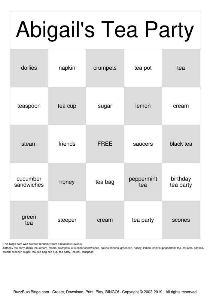 tea party bingo Bingo Cards to Download, Print and Customize!