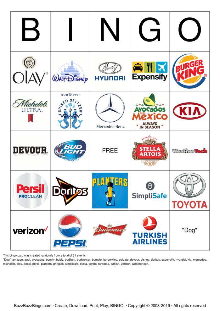 2019 Superbowl Commercial Logos Bingo Cards to Download, Print and ...