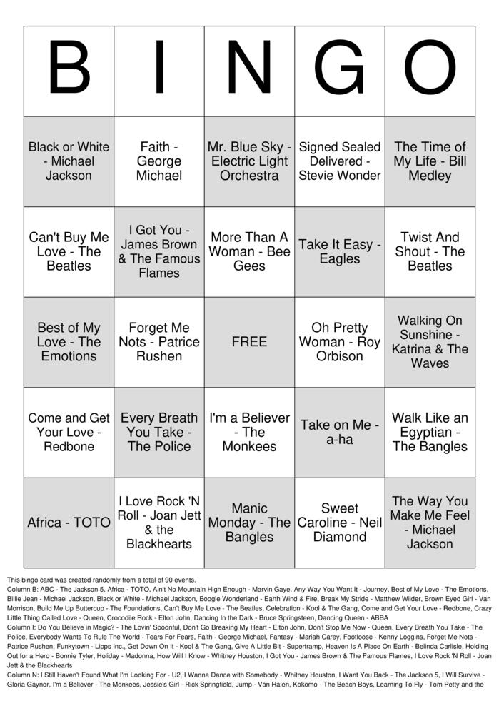 Download Free 70s, 80s, 90s Music Bingo Bingo Cards