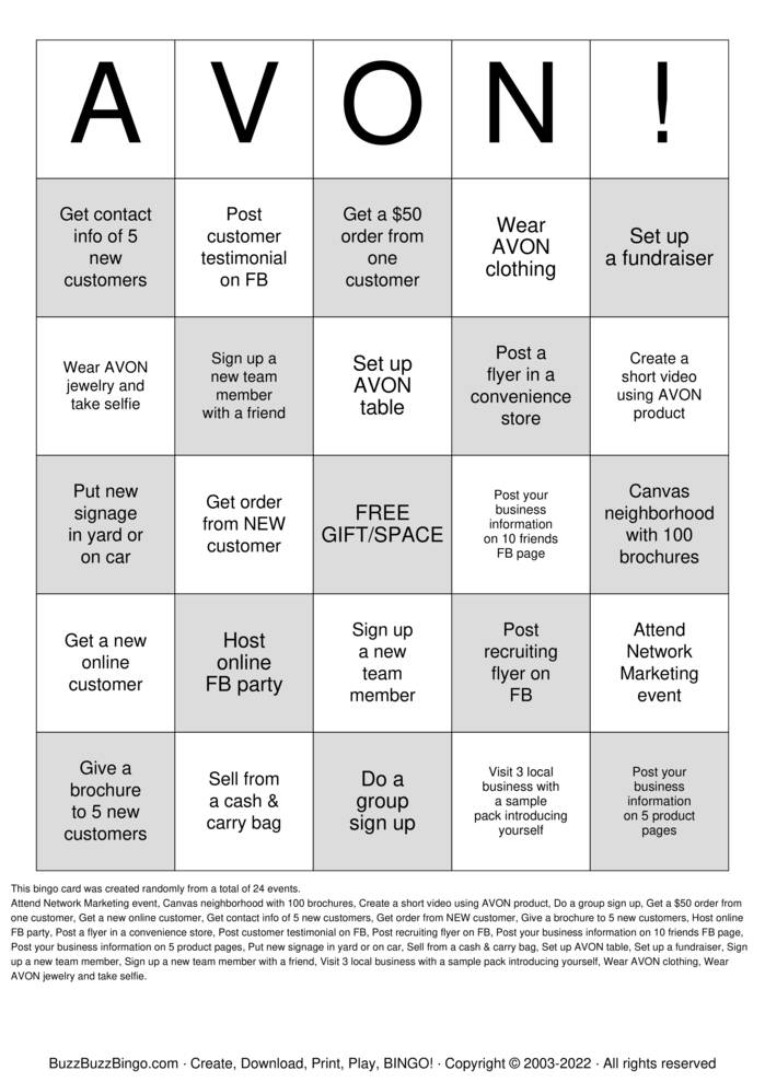 AVON Representative Bingo Cards to Download, Print and Customize!