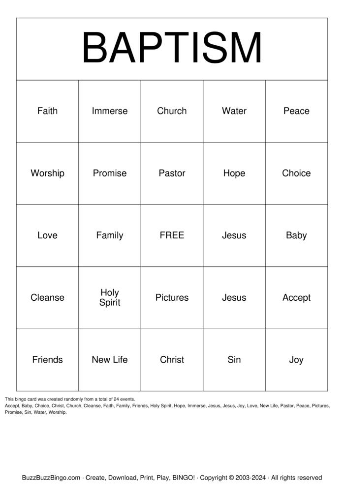 Download Free Baptism Bingo Cards