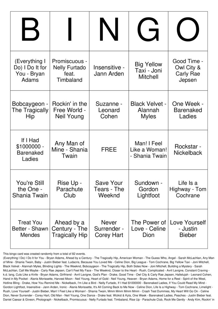 Download Free Canada Day Canadian Hits Bingo Cards