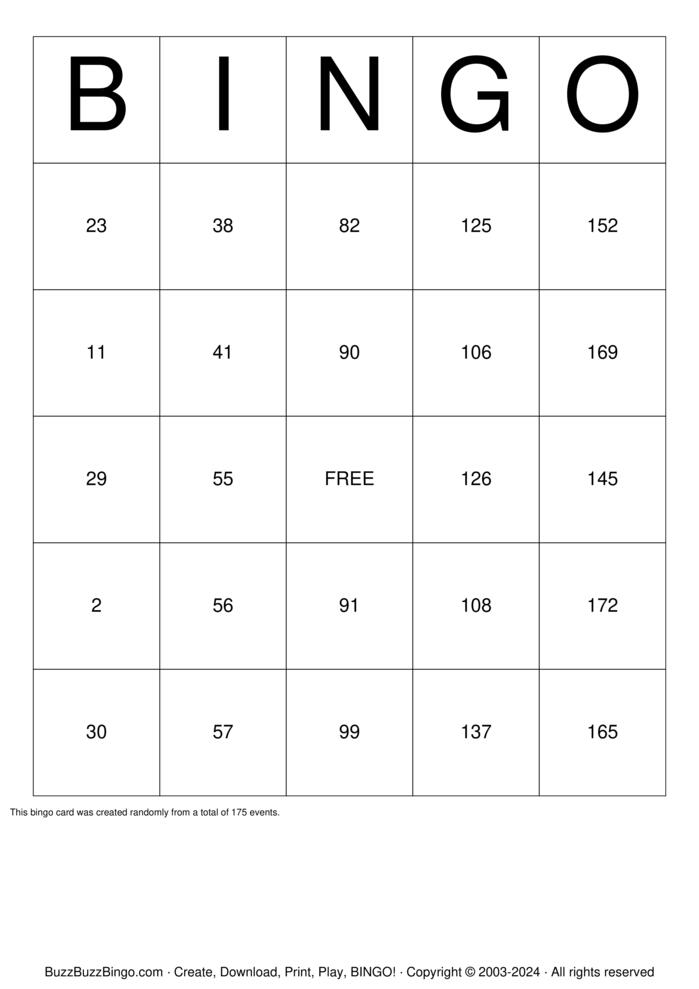 Download Free Classic Numbers 1-175 Bingo Cards