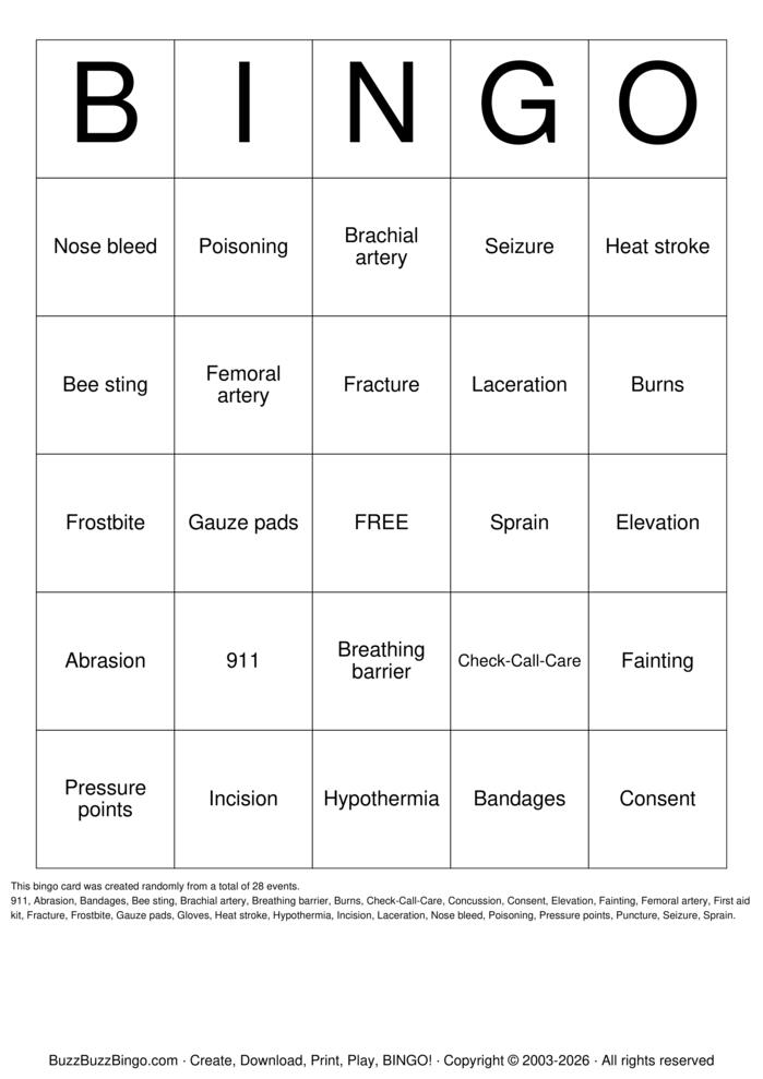 Download Free First Aid Bingo Bingo Cards Download Free First Aid Bingo Bingo Cards