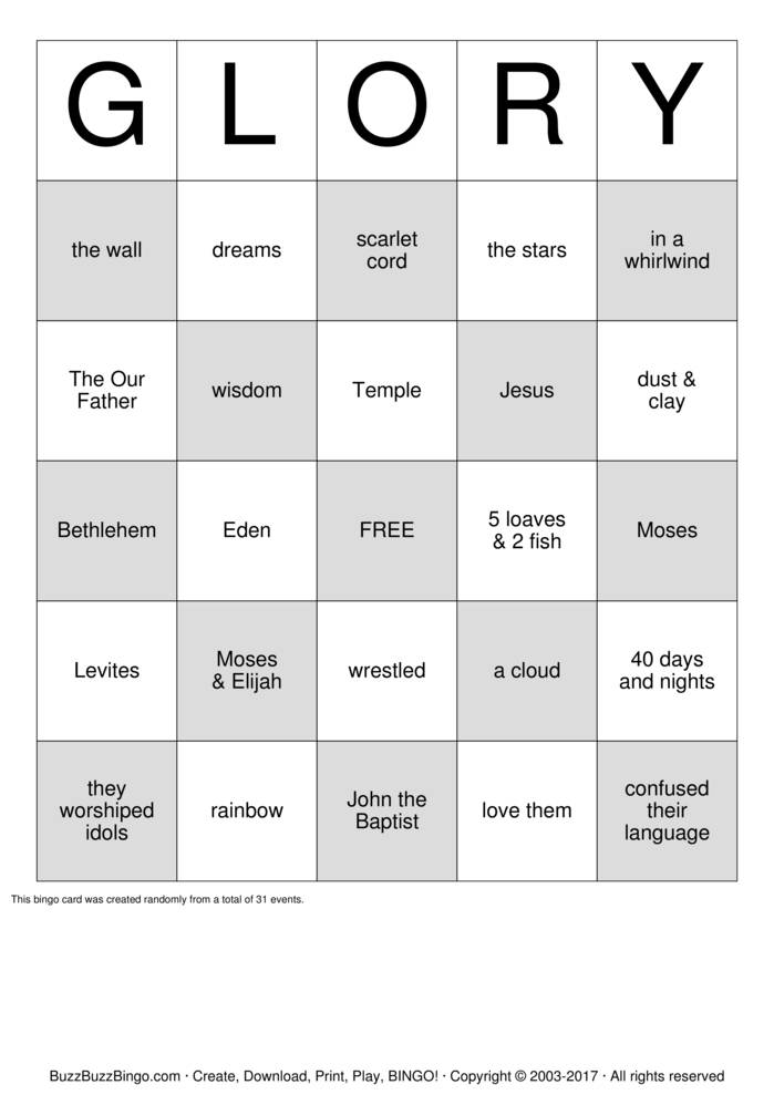 Download Free GLORY Bingo Cards