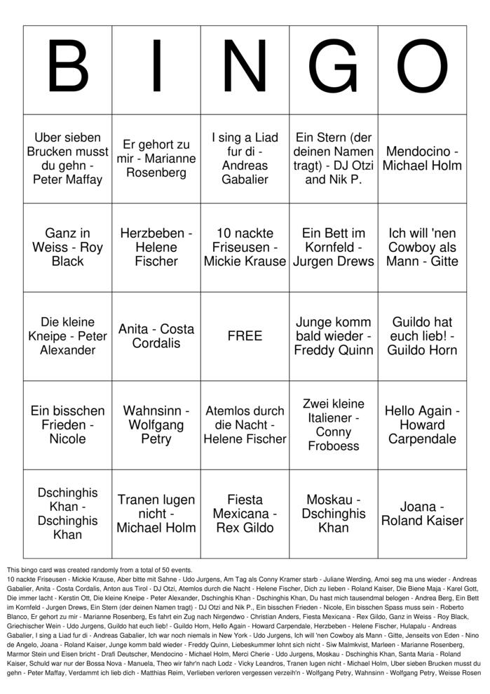 Download Free German Schlager Top 50 Bingo Cards