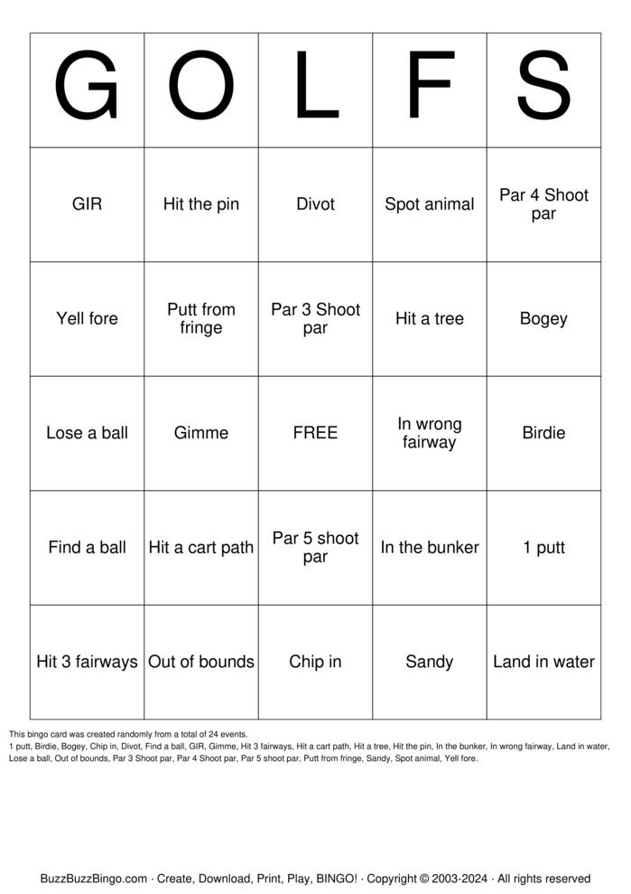 Download Free Golf Bingo Cards