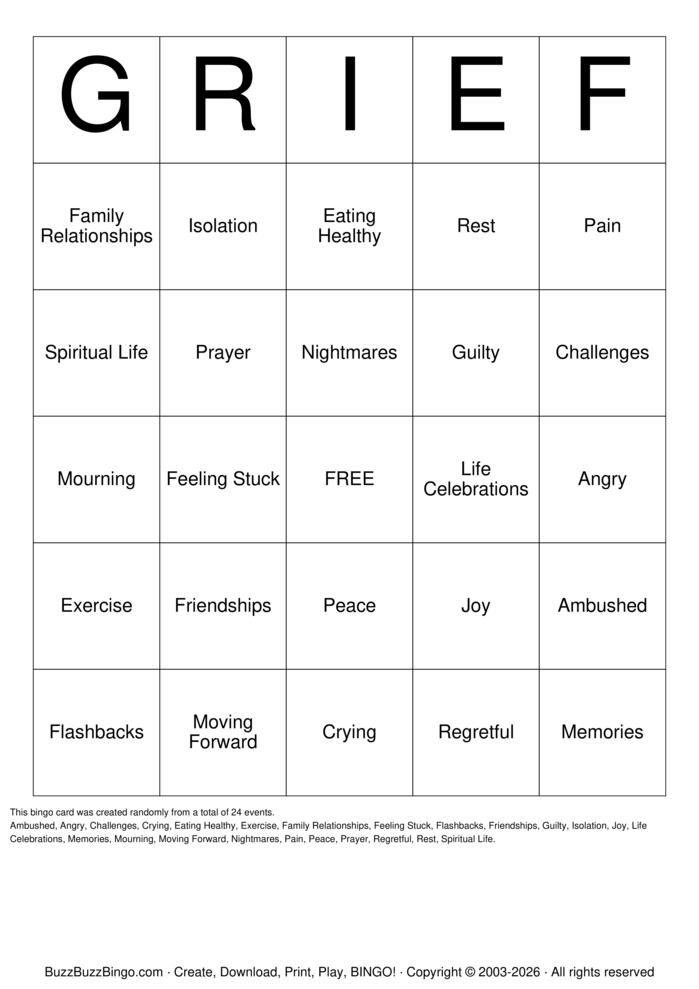 Download Free Grief Bingo Cards