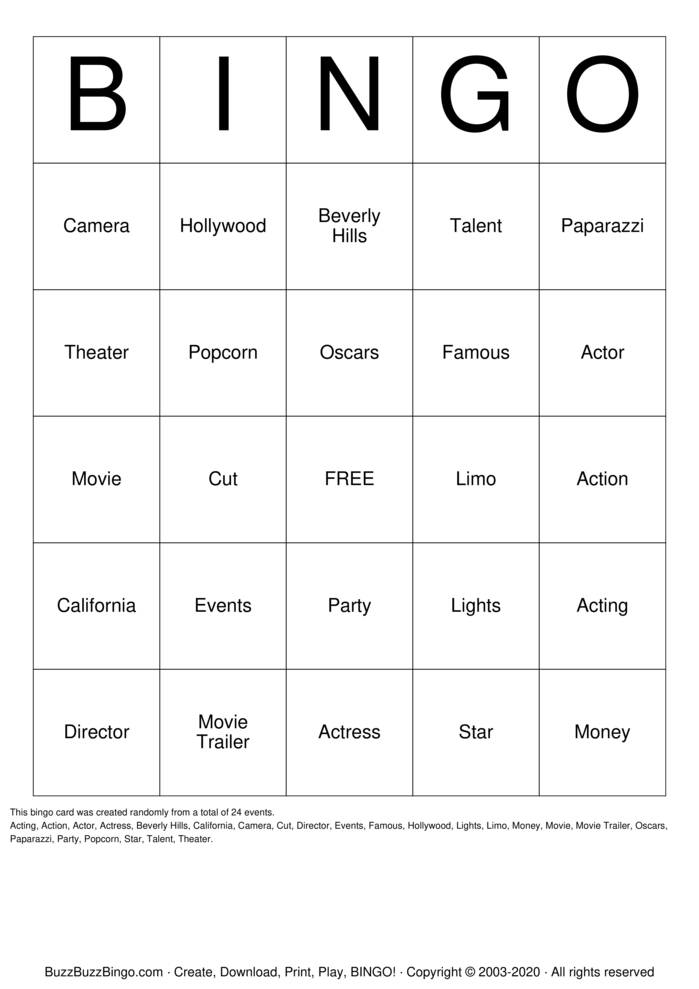 Hollywood Bingo Cards to Download, Print and Customize!