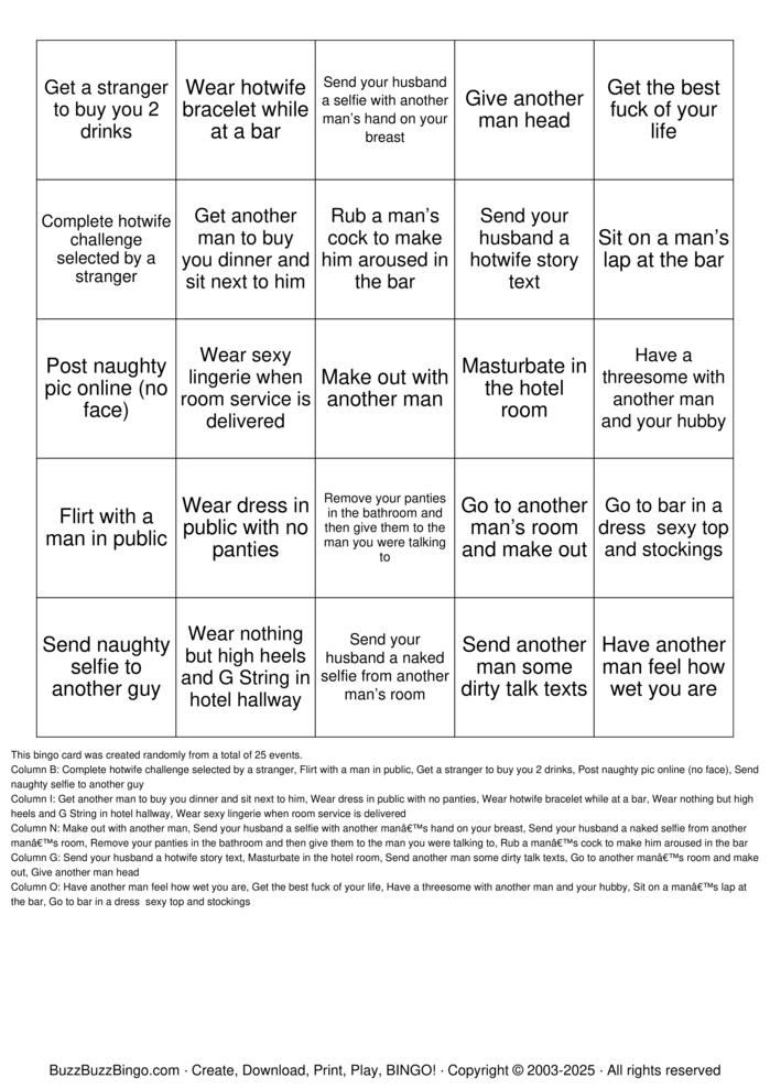 Download Free Hotwife  Bingo Cards