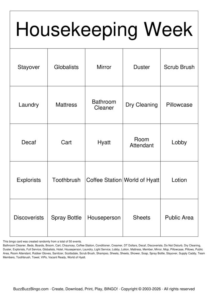 Download Free Housekeeping Week Bingo Cards Download Free Housekeeping Week Bingo Cards