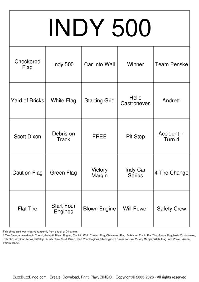 Download Free Indy 500 Bingo Cards