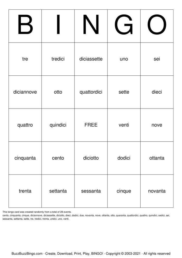 Download Free Italian Numbers Bingo Cards