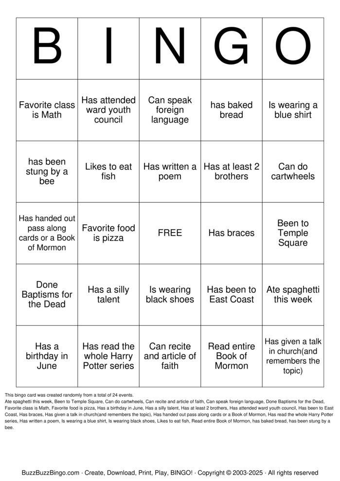 Download Free LDS YOUTH BINGO Bingo Cards