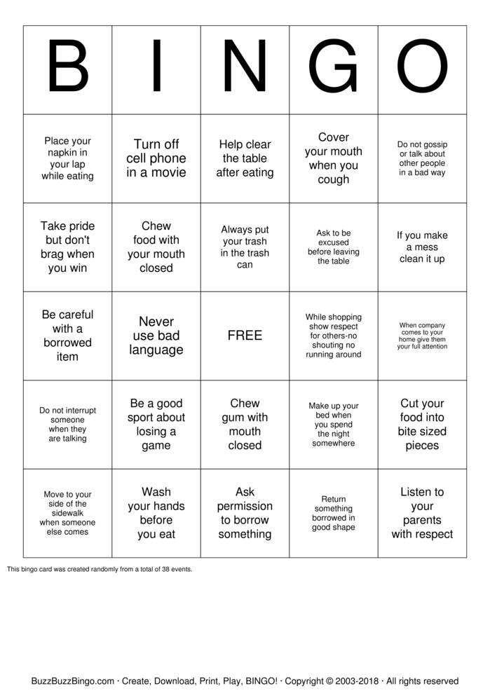 Manners Bingo Cards to Download, Print and Customize!