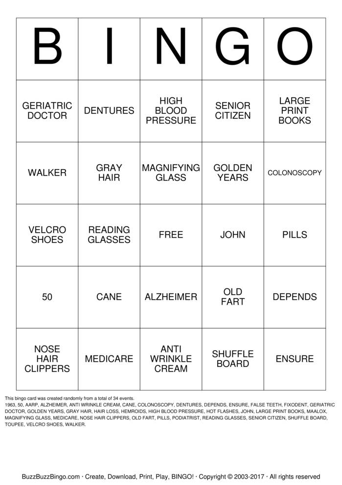 OVER THE HILL Bingo Cards to Download, Print and Customize!