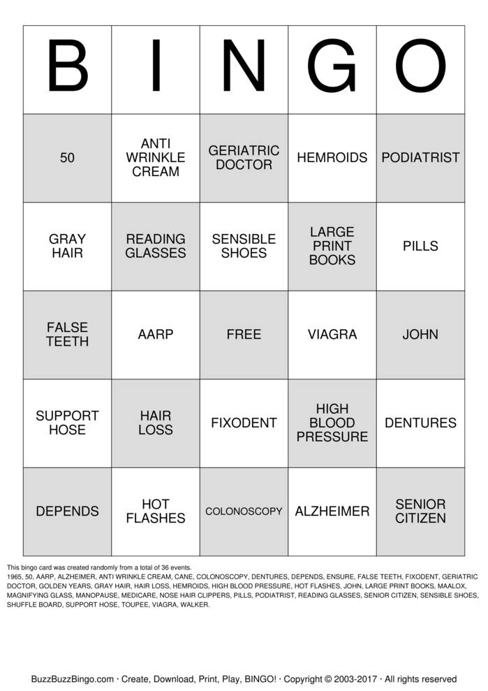 OVER THE HILL Bingo Cards to Download, Print and Customize!
